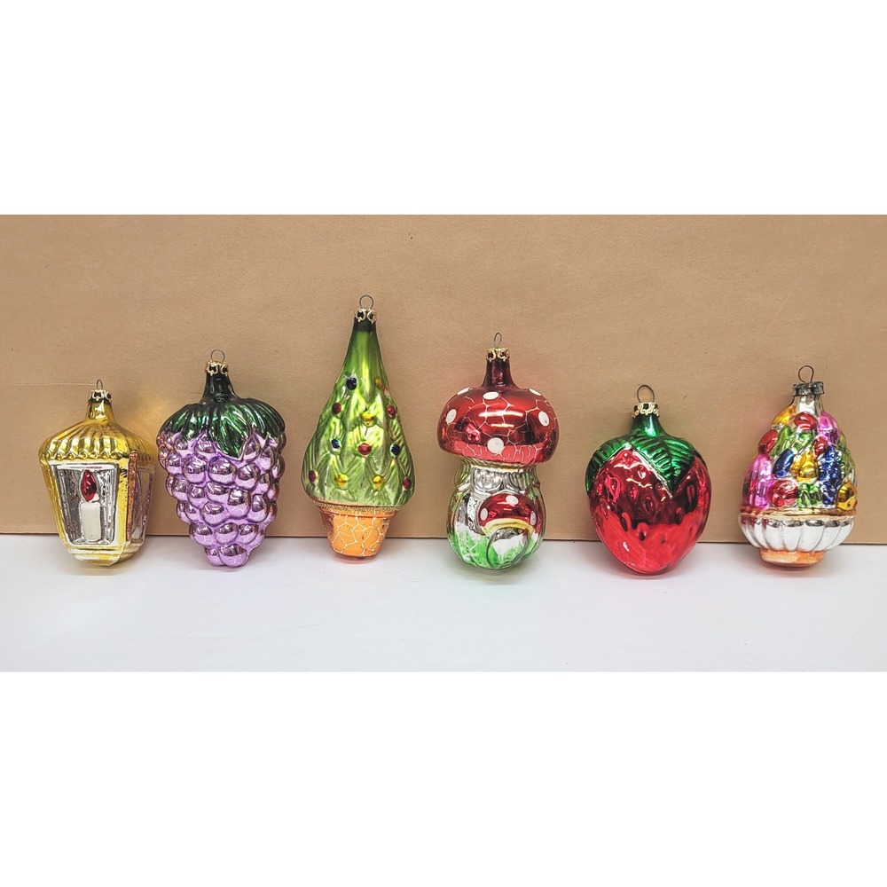 Columbia Vintage Glass Christmas Ornaments Set of 6 Mushroom Tree Fruit Lantern